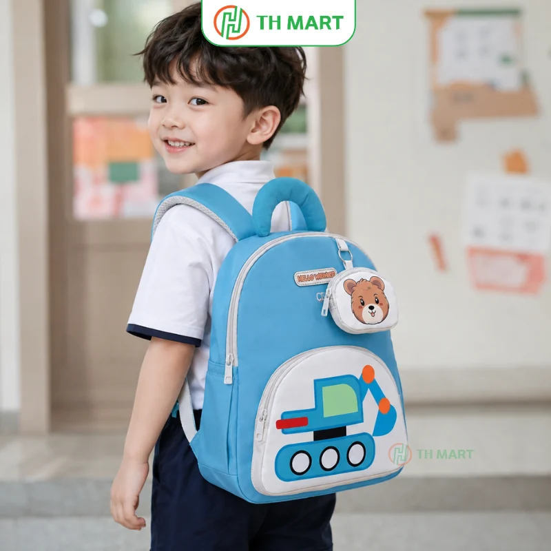 Balo cho bé mẫu giáo hình máy xúc có quai đeo êm, bé mang thoải mái