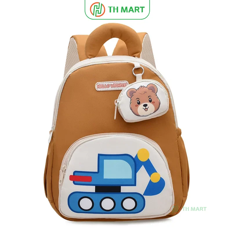 Balo cho bé mẫu giáo hình máy xúc màu nâu