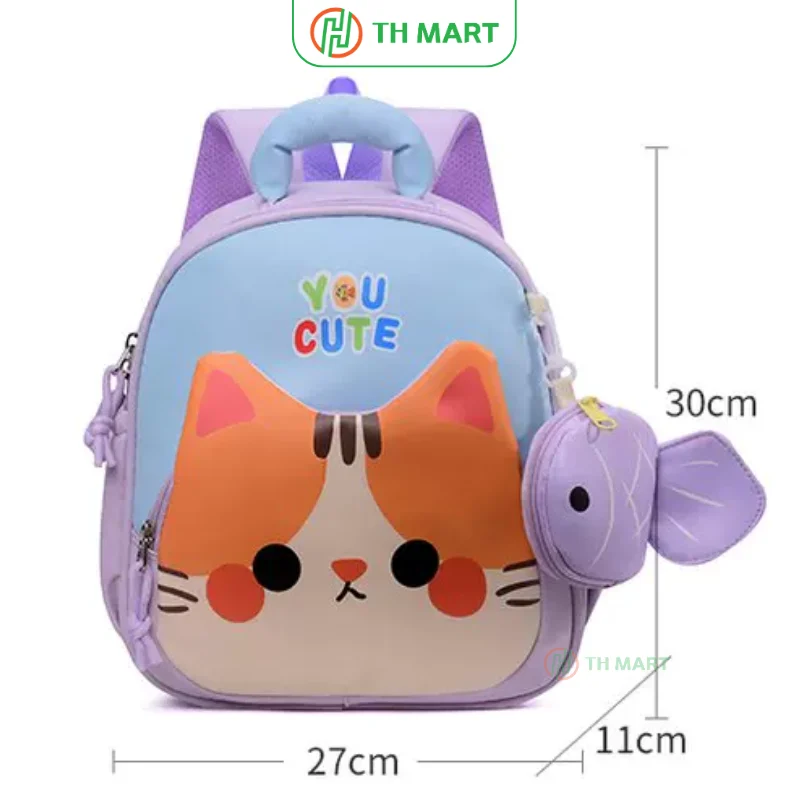 Balo cho bé mẫu giáo hình mèo dễ thương, có túi nhỏ hình cá