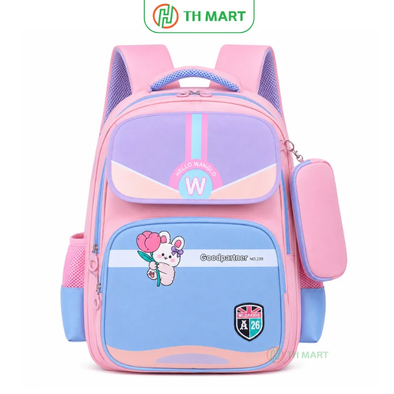 Balo học sinh cấp 1 Hello Wangld chống gù màu hồng nhạt