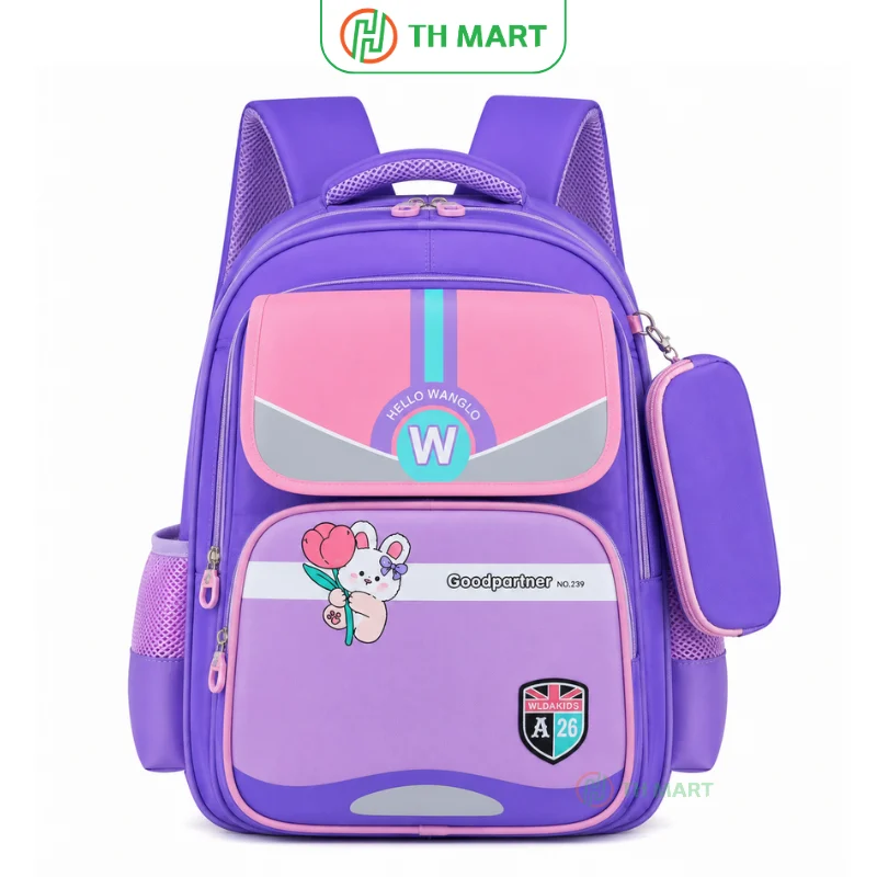 Balo học sinh cấp 1 Hello Wangld chống gù màu tím