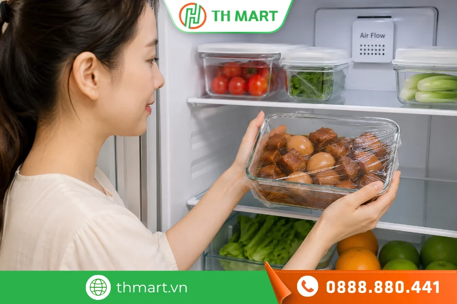 Khi bảo quản thịt kho tàu trong ngăn mát nên dùng màng bọc hoặc hộp có nắp đậy