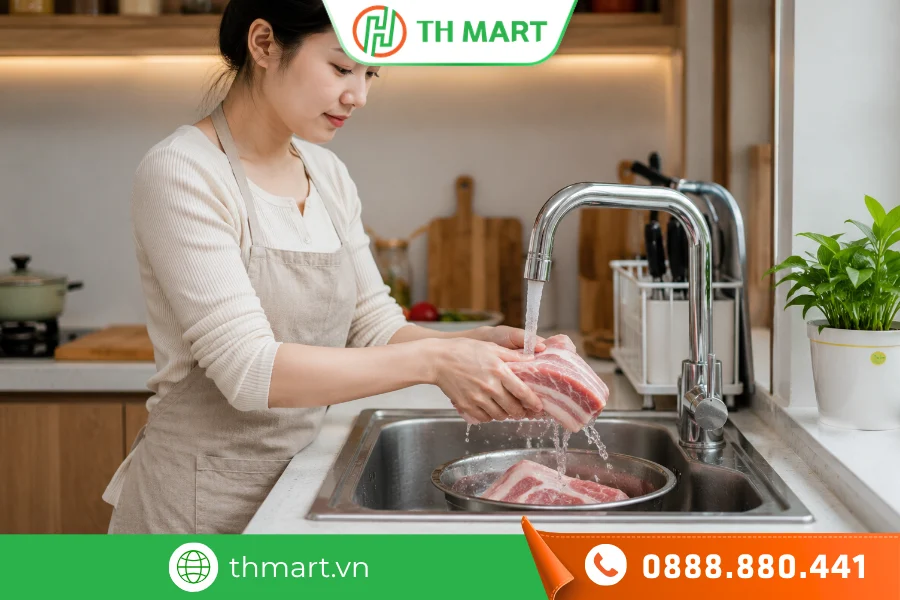 Rửa sạch, sơ chế thịt ba chỉ trước khi nấu thịt kho tàu
