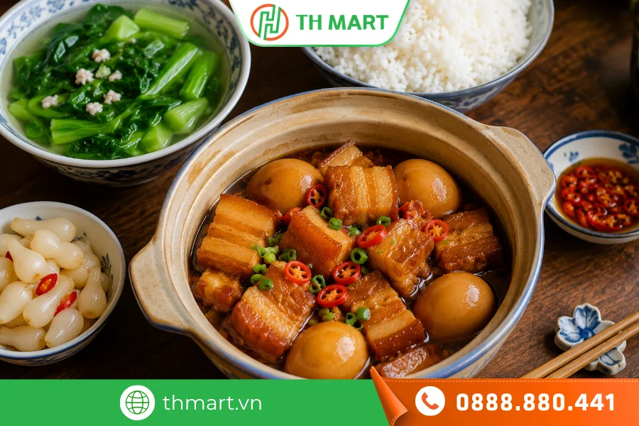 Thịt kho tàu ăn cùng cơm trắng, củ kiệu, canh cải,... cực ngon