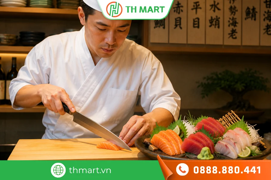 Dao cắt sashimi của Nhật là loại dao chuyên dụng được thiết kế để thái cá sống, hải sản tươi sống, nguyên liệu làm sashimi
