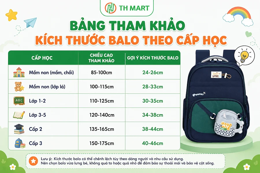 Gợi ý kích thước balo cho bé theo chiều cao và cấp học 7 Bảng tổng hợp tham khảo kích thước balo cho bé theo chiều cao và cấp học