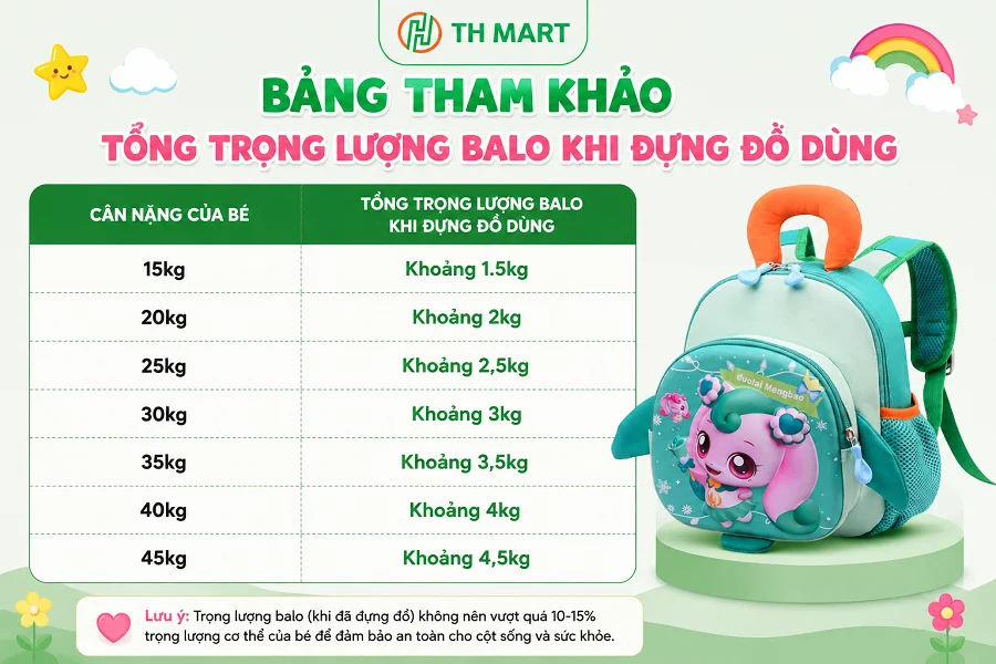 Hướng dẫn đeo balo đúng cách bảo vệ cột sống cho bé 7 Tổng trọng lượng balo khi đựng đồ dùng không vượt quá 10% trọng lượng cơ thể bé